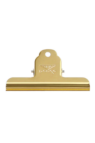 Gold steel binder clip, front view with centered top tab and spring bar