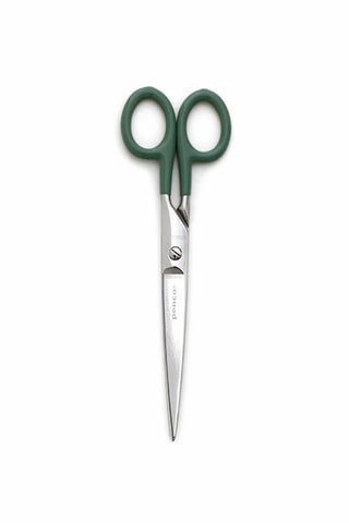 Large stainless steel scissors with green handles and pointed blades