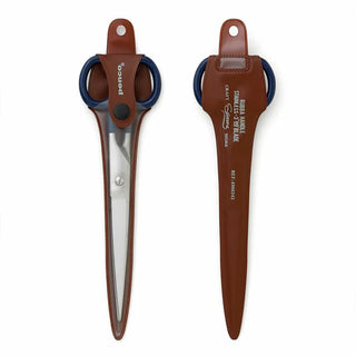 Large stainless steel scissors with navy finger loops and brown PENCO leather sheath