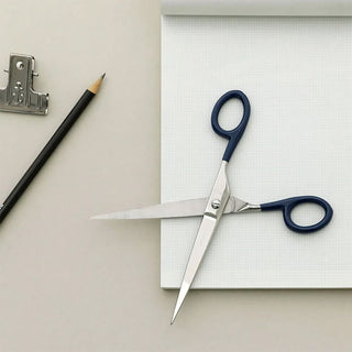 Large stainless steel scissors with navy finger loops and extended cutting blade