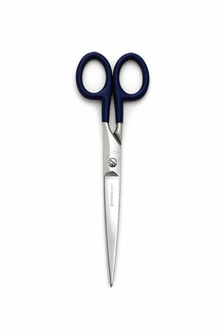 Large stainless steel scissors with navy handles and sharp pointed blades