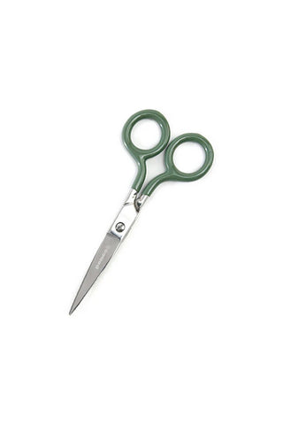 Small stainless steel scissors with green grips and closed-point blades, metal rings.