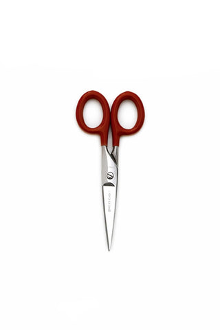 Small stainless steel scissors with red plastic handles, pointed blades