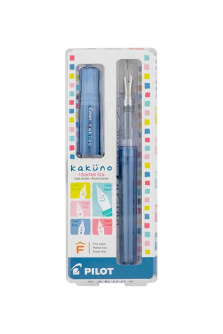 Clear blue fountain pen with fine nib, shown in retail box