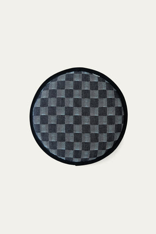Round seat pad with black border and gray checkerboard fabric