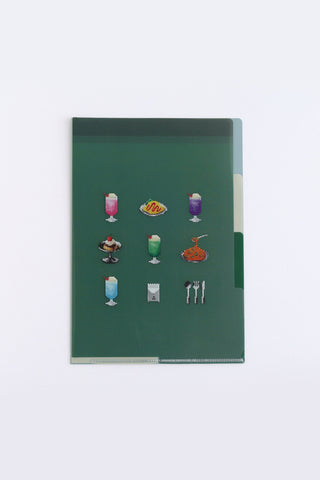 Green folder with illustrations of drinks and food on a white background