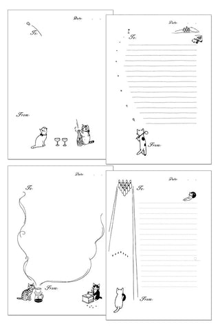 Set of four black and white stationery sheets with cat illustrations