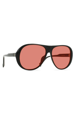 Jenever sunglasses front view, black frame with rose tinted lenses and temples