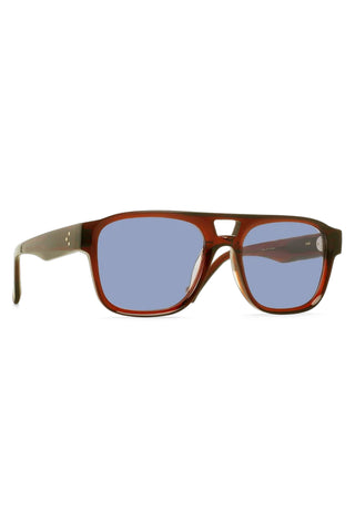 RAEN Rifka Cask sunglasses front view, tortoise frame with blue tinted lenses