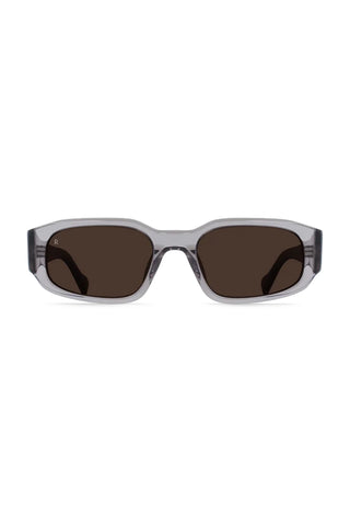 Rectangular dark smoke sunglasses with translucent light-gray frame and temple logo