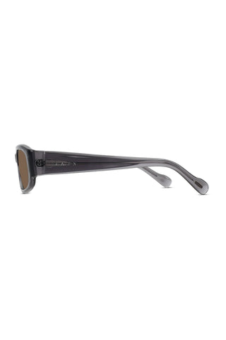 Side profile of rectangular dark smoke sunglasses with translucent frame and curved arms