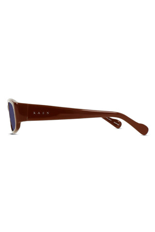 Brown oval sunglasses with dark blue-tinted lenses, side view
