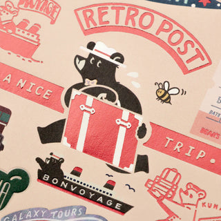 Vintage-style design with a bear holding a suitcase, text, and travel-themed illustrations on a beige background.