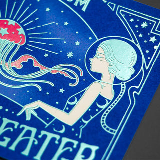 Decorative post card with a stylized girl and celestial design on a blue background