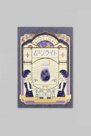 Decorative card with stained glass design and 'MOON LIGHT' text on a gray background