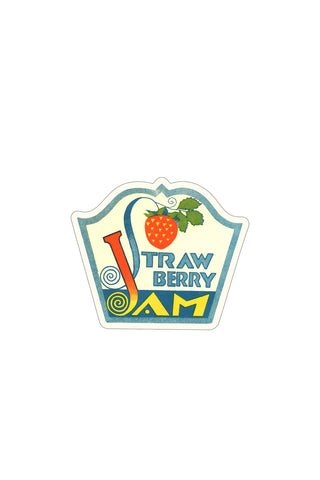 Sticker with 'Strawberry Jam' text and strawberry illustration on a white background