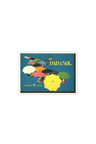 Retro style sticker of a colorful illustration of people with parasols on a blue background