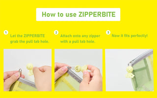 Zipperbite figurine showing how to attach to a zipper pull