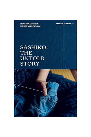 Book cover of 'Sashiko: The Untold Story' with a blue background and text.