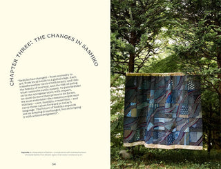 Text on a white background with a Sashiko quilt displayed outdoors.
