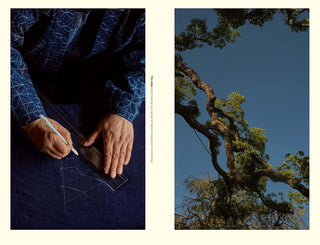 Two images: one of hands working on a blue fabric with white patterns, and another of a tree against a clear blue sky.