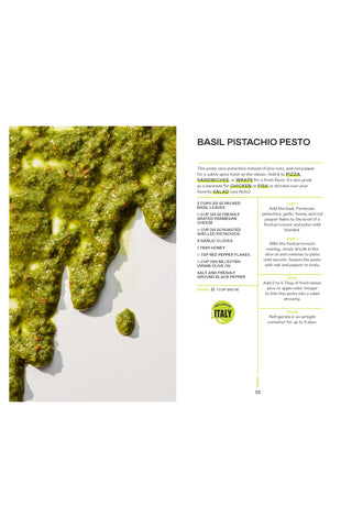 Basil Pistachio Pesto on a white background with text on the right side.