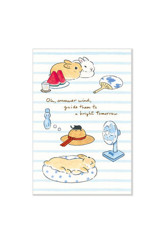 Cartoon rabbits and summer themed items on a striped background