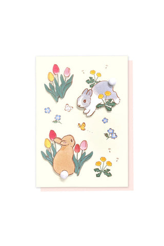Rabbit and spring flowers greeting card with cartoon animals and colorful blossoms