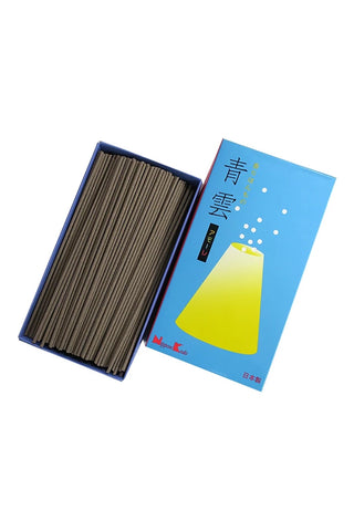 Grey incense sticks in a box with a blue and yellow label on a white background