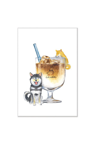 Postcard with illustration of two dogs around a cafe au lait drink with a straw