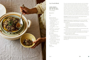 Person serving food from a ceramic dish onto a bowl, with a text overlay on the right side.