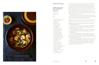Bowl of food on a blue tablecloth with text on the right side