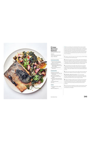 Plate of crispy-skinned salmon with garnishes on a white background, accompanied by recipe on the right.