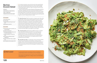 Quinoa Crunch Salad on a plate with recipe text on the left side
