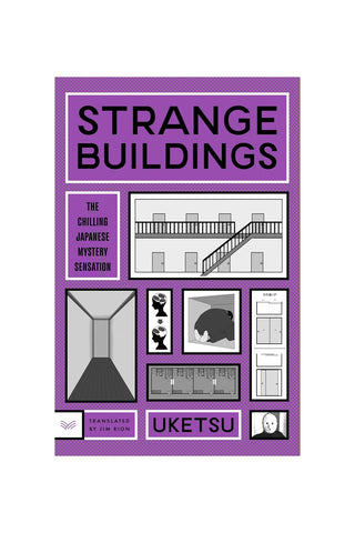 Book cover for 'Strange Buildings', featuring a purple background with black and white architectural illustrations and text.