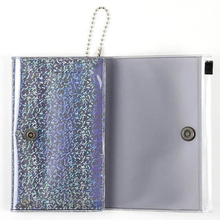 Opened black holographic 5 pocket pouch on a white background