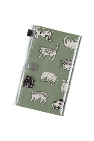 Small green pouch with clear front panel and cat-pattern print, zip closure.