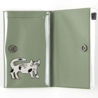 Small green pouch with cat illustration, two inner panels with metal snap details.
