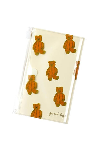 Cream small 5-pocket pouch with teddy-bear print, clear pockets, top closure