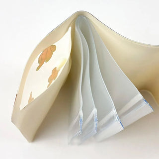 Small 5-pocket pouch open, cream lining and clear pockets showing teddy-bear design