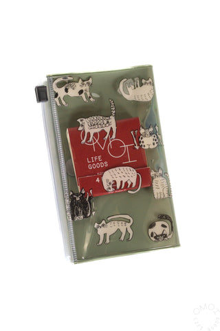 Small green zip pouch with cat illustrations and red “Life is good” graphic.