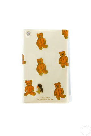 Cream small 5-pocket pouch with teddy-bear print, clear front panel, top snap