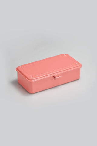 Rectangular pink tool box on a gray background