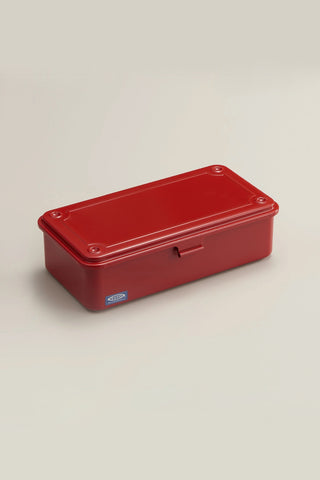 Red toolbox with a brand logo on a beige background