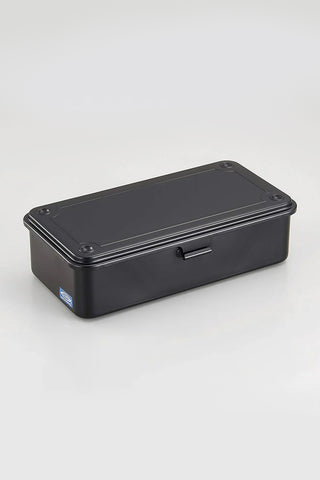 A black stainless steel stackable storage box with a snap shut lid.