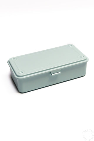 A blue stainless steel Toyo Steel T-190 trunk shape toolbox with a lid and a glacier color finish.
