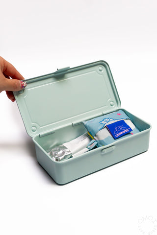 Hand opening tool box with light blue colorway