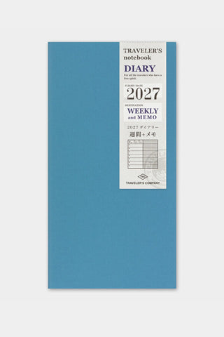 Blue notebook cover with 2027 weekly and memo design and brand logo