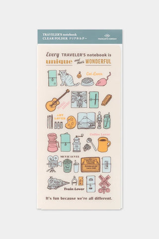 Traveler's notebook clear folder with colorful travel-themed sticker illustrations