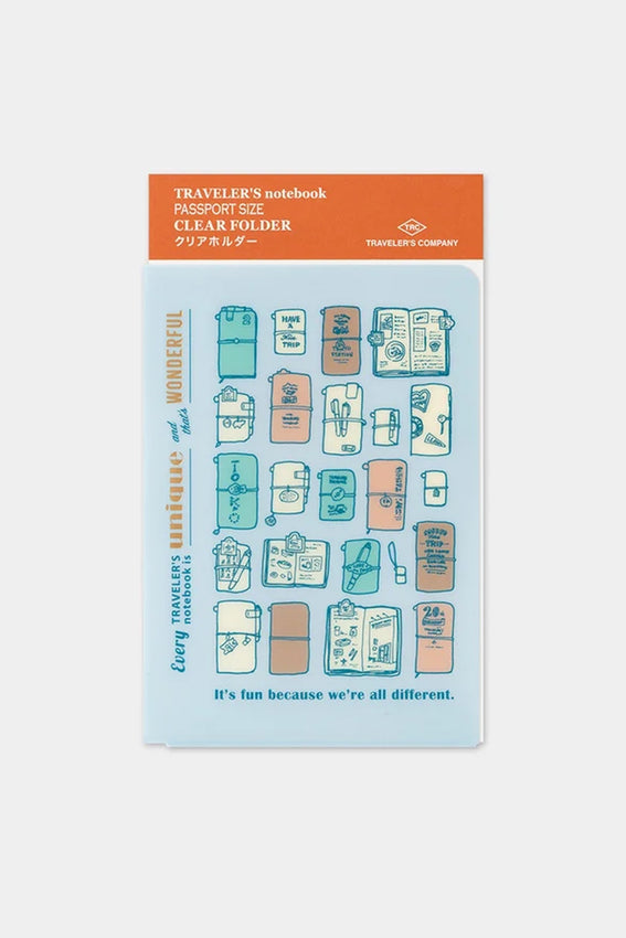 Passport clear folder with blue and orange illustrated layout, Traveler’s Company branding